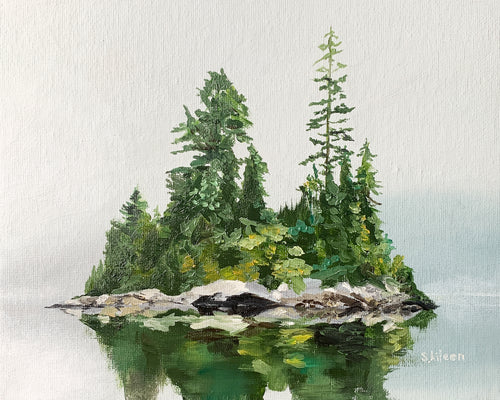 Original 8x10 oil painting on canvas panel titled Between Worlds, featuring a rocky island with pine trees surrounded by misty blue atmosphere.