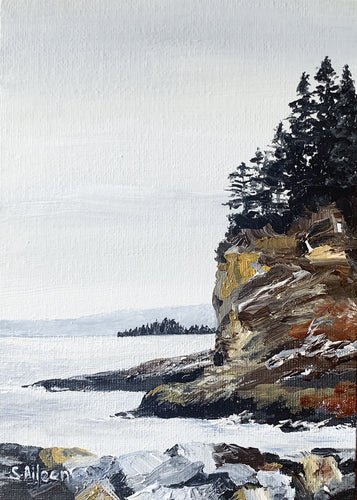 Moody seascape with gray skies and distant land, featuring a rocky outcropping covered in dark pines in the midground and a textured rock foreground. Calm, atmospheric coastal scene evoking solitude and contemplation.
