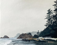 Load image into Gallery viewer, &quot;Beyond the Wilds&quot; is an original 8x10&quot; oil painting that features dark pines and weathered driftwood logs at the edge of the wide-open coast of Washington&#39;s Olympic Peninsula. It captures the untamed beauty of the shoreline, where land, sea, and sky meet. The painting evokes contemplation and the raw wildness of the Pacific Northwest. 
