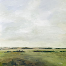 Load image into Gallery viewer, “Overland” captures a serene pastoral expanse beneath a softly shifting sky. Painted in oil on a 12x12&quot; cradled panel, it offers a sense of calm distance and timeless atmosphere.
