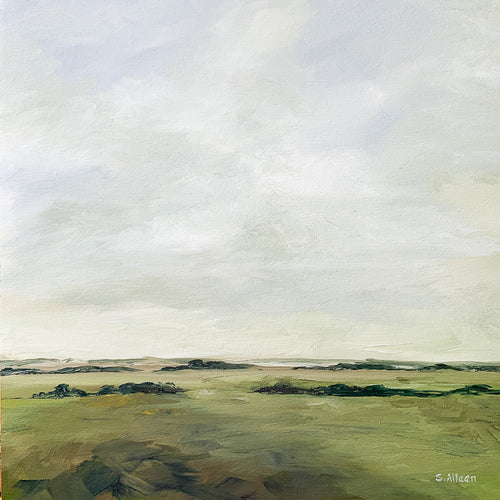 “Overland” captures a serene pastoral expanse beneath a softly shifting sky. Painted in oil on a 12x12