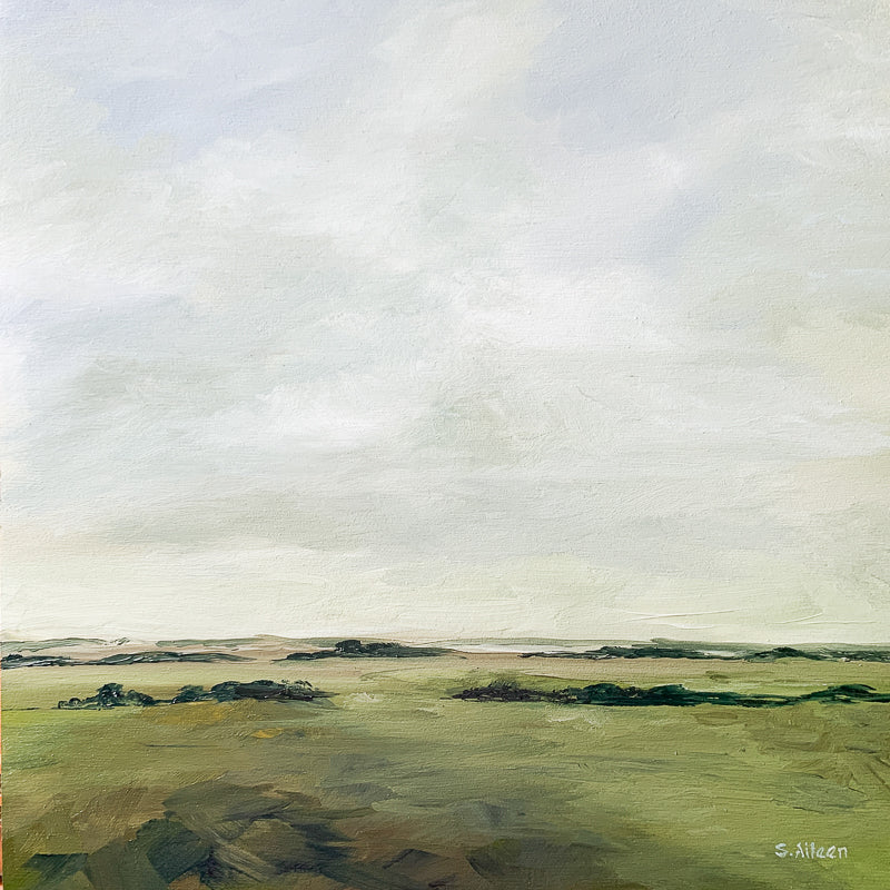 “Overland” captures a serene pastoral expanse beneath a softly shifting sky. Painted in oil on a 12x12