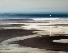 Load image into Gallery viewer, A serene nocturne of the Pacific coast, where the low moon rises gently over glistening sands. A distant wave crests as water flows quietly along the shore, capturing the calm and subtle motion of the night tide.
