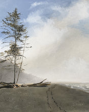 Load image into Gallery viewer, This original oil painting captures the fleeting magic of Olympic National Park’s shoreline, where footprints trace the sand beside ocean driftwood. Blue sky and clouds mingle above the horizon, backlit by the sun, capturing the magical, fleeting beauty unique to the coast.
