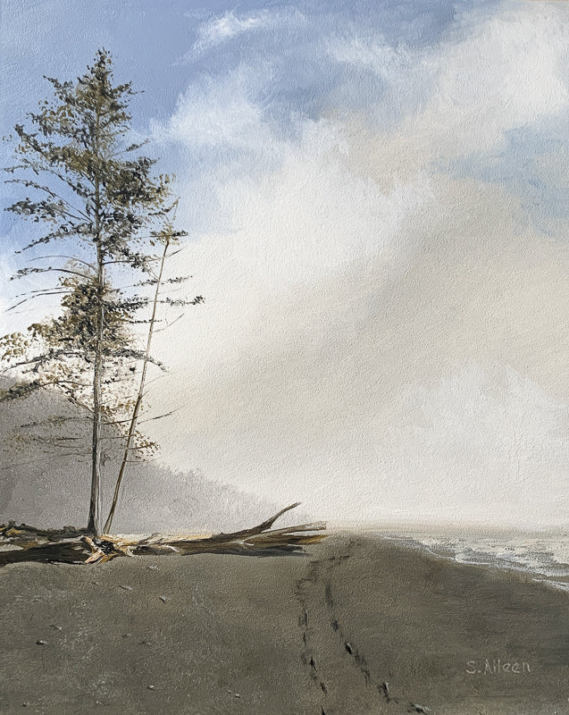 This original oil painting captures the fleeting magic of Olympic National Park’s shoreline, where footprints trace the sand beside ocean driftwood. Blue sky and clouds mingle above the horizon, backlit by the sun, capturing the magical, fleeting beauty unique to the coast.