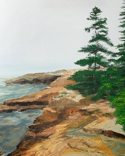 Outpost II is an original oil painting that captures the resilience of Acadia’s rugged coast, where two windswept pines stand atop weathered rock beneath a hazy, diffused sky. The translucent water reveals glimpses of stone beneath the surface. 