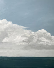 Load image into Gallery viewer, An original 16x20-inch painting titled Cloudwatch featuring a dark, calm ocean at the bottom, with soft layers of gray and white clouds piling above the horizon, and clear blue sky at the top. The composition is minimal and serene, with a strong horizontal cloud line.
