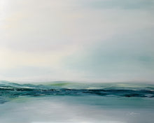 Load image into Gallery viewer, This original 16x20-inch oil painting captures the tranquil meeting of sea and sky in soft layers of muted blues, greens, and grays. Painted in an impressionist style with a modern minimalist sensibility, it evokes a sense of reflection and open space. The smooth transitions of light and atmosphere make it an ideal piece for serene, contemporary interiors.
