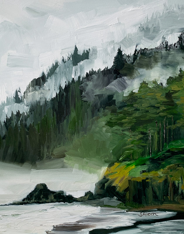 Original 11x14 inch oil painting of a moody coastal scene with fog, pine ridgelines, and soft waves, painted in muted grays, greens, and whites in a vertical composition.