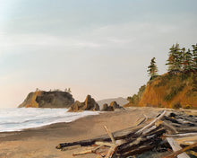 Load image into Gallery viewer, This is an original 16x20” oil painting capturing warm sunset glow on the seastacks of Ruby Beach on the Pacific coast. With layered textures, driftwood logs, and waves sweeping the sandy beach at low tide, this impressionist seascape brings light, atmosphere, and the raw beauty of nature into any space.


