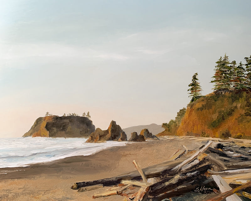 This is an original 16x20” oil painting capturing warm sunset glow on the seastacks of Ruby Beach on the Pacific coast. With layered textures, driftwood logs, and waves sweeping the sandy beach at low tide, this impressionist seascape brings light, atmosphere, and the raw beauty of nature into any space.
