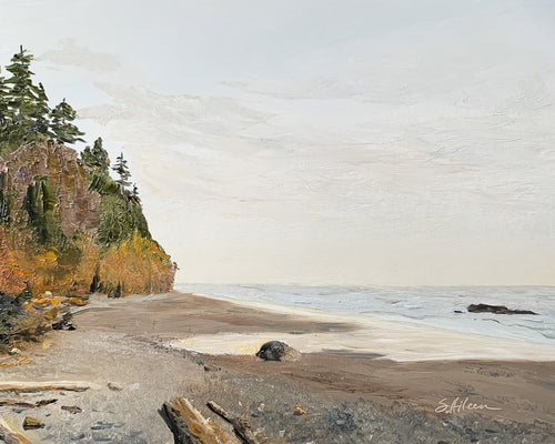 Original 8x10 oil painting of a peaceful coastal sunset with a rocky bluff topped by pines, gentle waves washing over a sandy beach, and soft clouds glowing in a luminous sky.