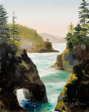 Load image into Gallery viewer, A vertical 8x10 oil painting titled ‘Passing Light,’ showing a luminous hazy sunset along the Oregon coast at the Natural Bridges. Impressionist brushstrokes depict waves with white caps, distant hills and bluffs topped with pines, and a soft, glowing sky from pale cerulean to light orange.
