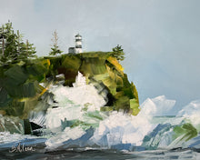 Load image into Gallery viewer, Original oil painting of Cape Disappointment lighthouse on a bluff above crashing waves during a stormy King Tide, with blue, green, yellow, and white tones in an impressionist style.
