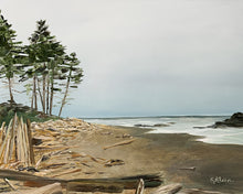 Load image into Gallery viewer, Original oil painting - &quot;Pacific Mood&quot; captures the beauty of the Pacific Northwest coast as low waves recede along a driftwood-strewn beach. Painted in a luminous, impressionist style with refined color, this original oil painting brings a sense of peace to any interior.


