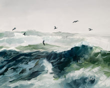 Load image into Gallery viewer, “Windborne” is an original impressionist 8x10&quot; oil painting capturing wind-driven ocean waves under a hazy sky. Deep blues, subtle greens, and a scattering of birds create an atmospheric, coastal piece perfect for nature-loving collectors.
