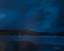 Load image into Gallery viewer, &quot;Midnight&quot;&nbsp;is an original 8x10&quot; oil painting that captures the quiet stillness of Lake Crescent (Olympic National Park, Washington) under a deep blue, moonless sky. Subtle shoreline lights and their reflections add atmosphere and depth, making this piece a serene addition to any space.
