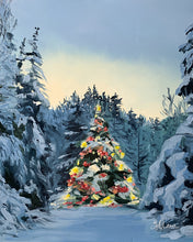 Load image into Gallery viewer, This original 8x10&quot; oil painting captures a snowy forest just past sunset as a single pine tree shines with glowing Christmas lights in a quiet clearing. Rich atmosphere and soft winter light make this piece a beautiful addition to seasonal décor or a thoughtful holiday gift.

