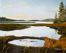 Load image into Gallery viewer, This original 8x10&quot; oil painting captures the serene beauty of Acadia National Park at early sunset, with the sky reflected across the water and soft, atmospheric lighting. Marsh grasses and distant pines add subtle detail, creating a peaceful, contemplative landscape perfect for any collection.
