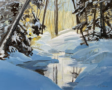 Load image into Gallery viewer, “Silvered Light” captures a serene winter day along a quiet, icy river, with sunlight shimmering through snow-covered trees. This original 8x10" oil painting evokes calm, reflective beauty, perfect for collectors or to elevate any interior space.

