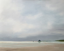 Load image into Gallery viewer, Original oil painting 16x20" "Haystack Rock - Cannon Beach" captures the natural beauty of one of Oregon's most recognizable coastal sea stacks. The iconic rock is in the distance, and the wide tidal flats and shallow waves lead the viewer along the coast. Low-slung clouds complete the atmospheric scene. This painting brings a sense of contemplative calm to any space.
