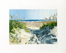 Load image into Gallery viewer, Original 8x10 oil painting on paper titled High Summer, featuring sandy beach dunes, topped with grasses, with high contrast between light and shadow from the summer sun.
