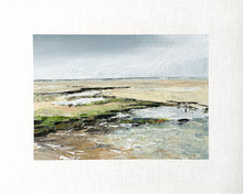 Load image into Gallery viewer, Original 8x10 oil painting titled Sea Change, featuring a sandy beach at low tide. Sea wrack lines the beach where the waves washed the shore. Light shimmers over the ripples in the tide pools.
