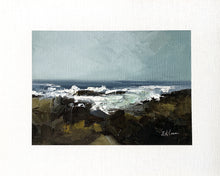 Load image into Gallery viewer, Original 8x10 oil painting, featuring a moody, atmospheric day along the ocean. The waves roil against dark rocks, and a stormy sky looms low overhead.
