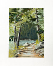 Load image into Gallery viewer, Original 8x10 oil painting, inspired by the landscape surrounding Jordan Pond in Acadia National Park, this contemporary painting captures the quiet beauty of a sunlit coastal path winding through trees beside the water. Layered greens, filtered light, and a serene forest backdrop create a sense of calm, reflection, and connection to nature.

