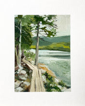 Load image into Gallery viewer, Original 8x10 oil painting, inspired by the landscape surrounding Jordan Pond in Acadia National Park, this contemporary painting captures the quiet beauty of a sunlit coastal path winding through trees beside the water. Layered greens, filtered light, and a serene forest backdrop create a sense of calm, reflection, and connection to nature.
