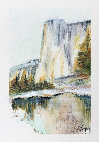 Winter scene in Yosemite, ink and watercolor painting with snow-covered ground, granite cliffs, and a light, muted sky.