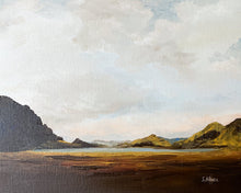 Load image into Gallery viewer, Oil landscape with distant mountain peaks, calm lake in the foreground, overcast sky, and earthy tones.
