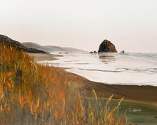 Load image into Gallery viewer, Oil painting of Cannon Beach at sunset, featuring soft pastel skies, silhouetted sea stacks, and gentle waves reflecting warm hues.

