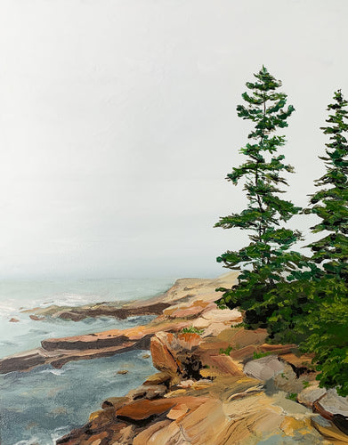 Oil painting of Acadia’s rocky shore with two pine trees on a rocky outcropping jutting into the ocean under a soft, muted sky.